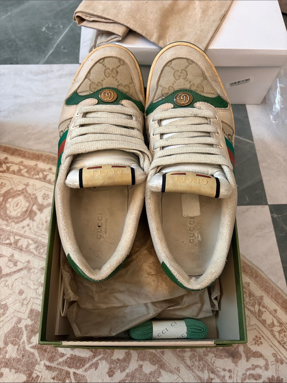 Gucci Beige Canvas Low-Top Sneakers with Green & Red Web and Green Soles